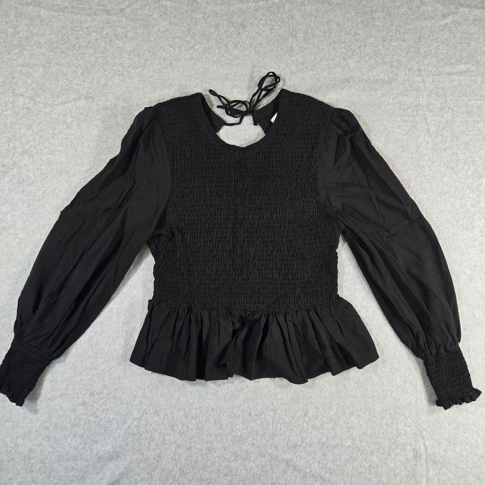 Dear John Black Smocked Peplum Top Long Balloon Sleeve Tie Back Blouse Small